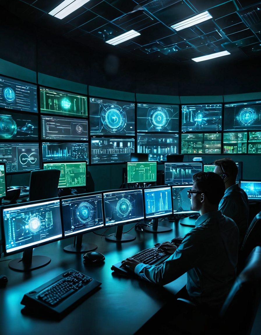 A futuristic cyber defense control room filled with advanced tech displays, highlighting cybersecurity metrics and alerts. In the foreground, a focused diverse team of IT security experts analyzing data on screens, with digital shields and binary code floating in the air. The room is dimly lit with glowing blue and green lights, symbolizing a high-tech environment. super-realistic. vibrant colors. 3D.