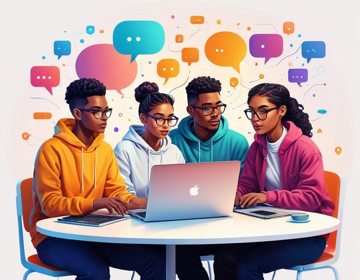 A dynamic and colorful illustration showing a diverse group of aspiring coders collaboratively working on laptops in a cozy online environment. Incorporate elements like chat bubbles, coding symbols, and digital interaction graphics to emphasize community and learning. The background should have a futuristic tech vibe with soft lighting and engaging colors. vector art. vibrant colors. white background.
